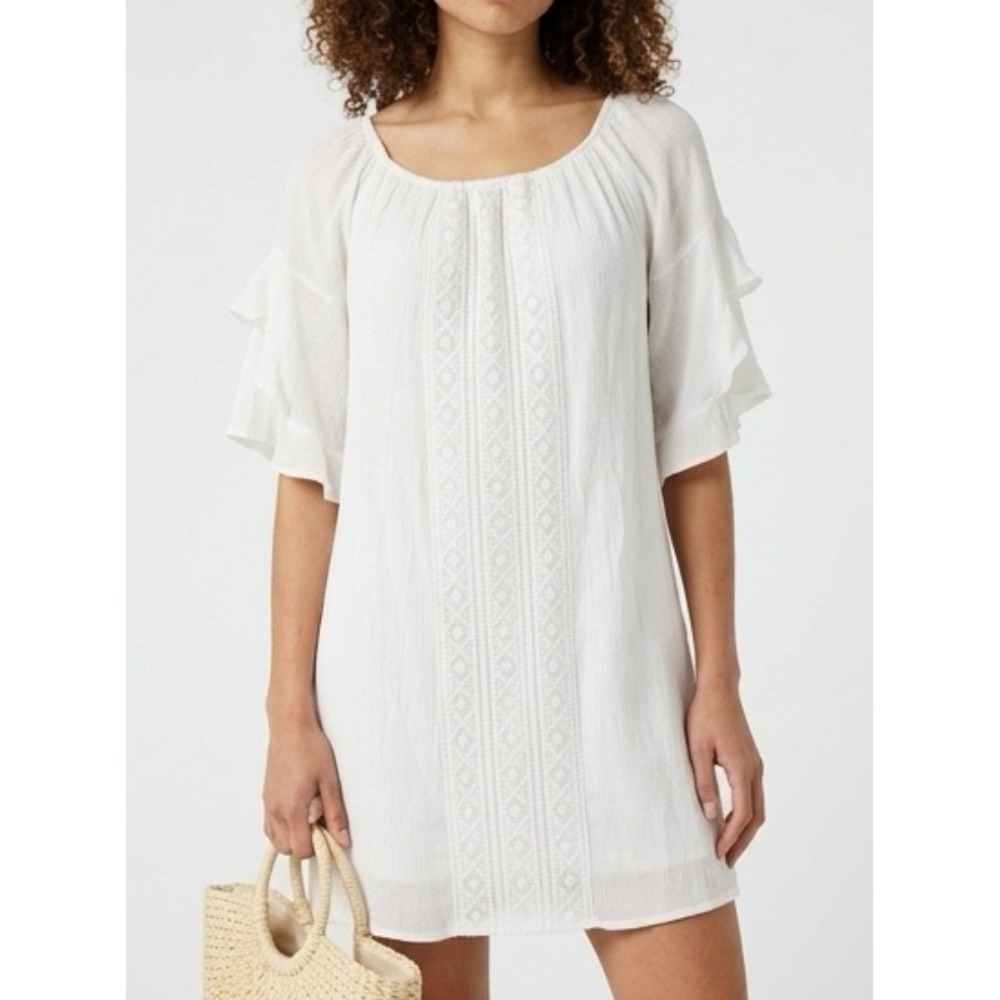 Indigo Rose Mini Dress Women S‎ White Boho Crochet Panel Tiered Sleeve Cottage